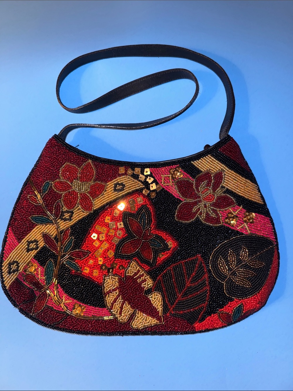 Chico's Red and Black Beaded Floral Shoulder Bag